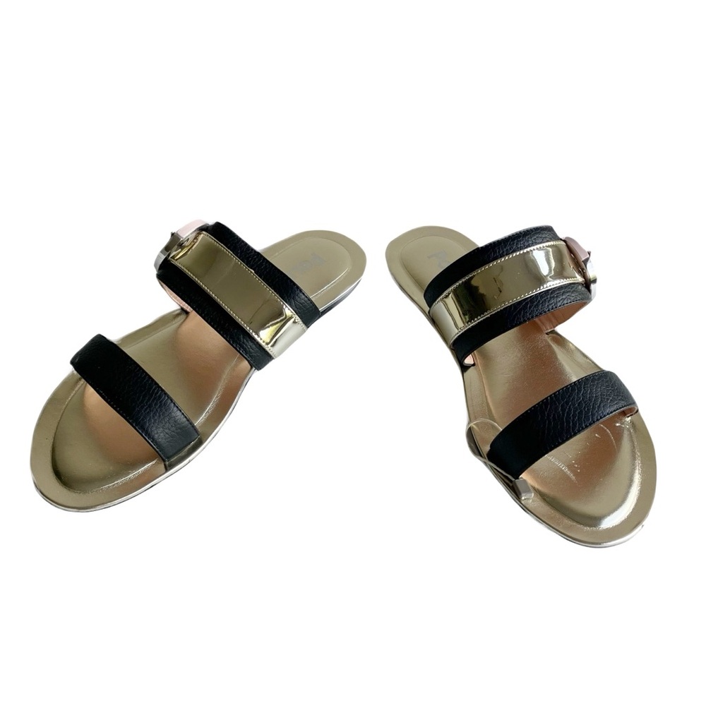 Pollini Leather Strappy Sandals Size 38 Gold Buckle Black Slides Open Toe Resort - Picture 9 of 14